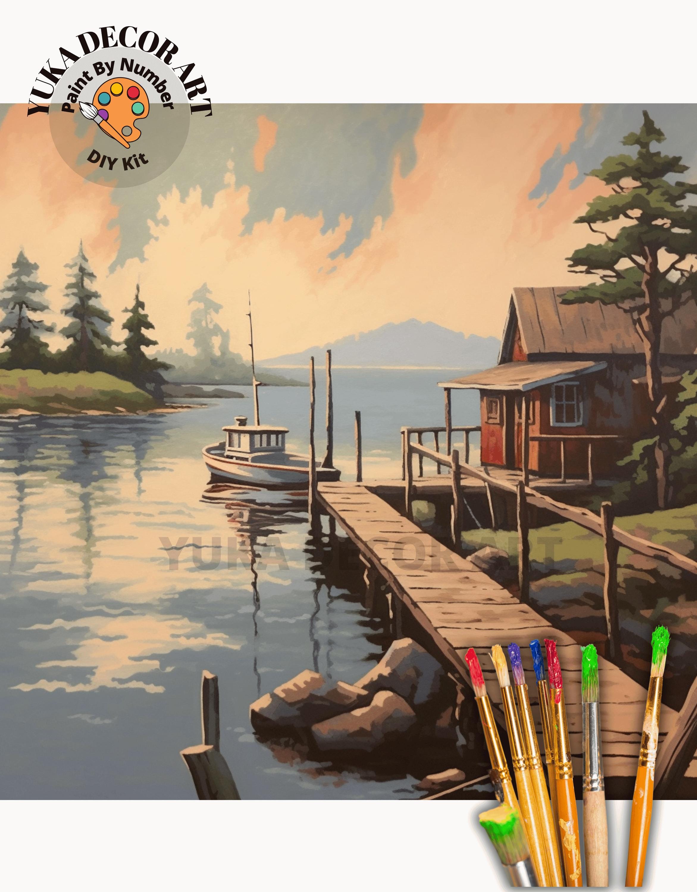 Lakeside Boat Vintage Style PAINT by NUMBER Kit Adult, Landscape ...