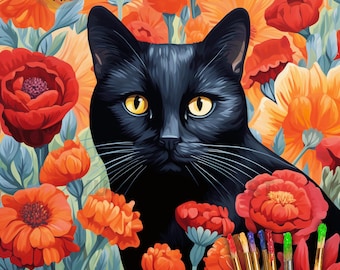 May include: A black cat with yellow eyes is surrounded by red and orange flowers. The cat is looking directly at the viewer. The image is a paint by numbers kit.