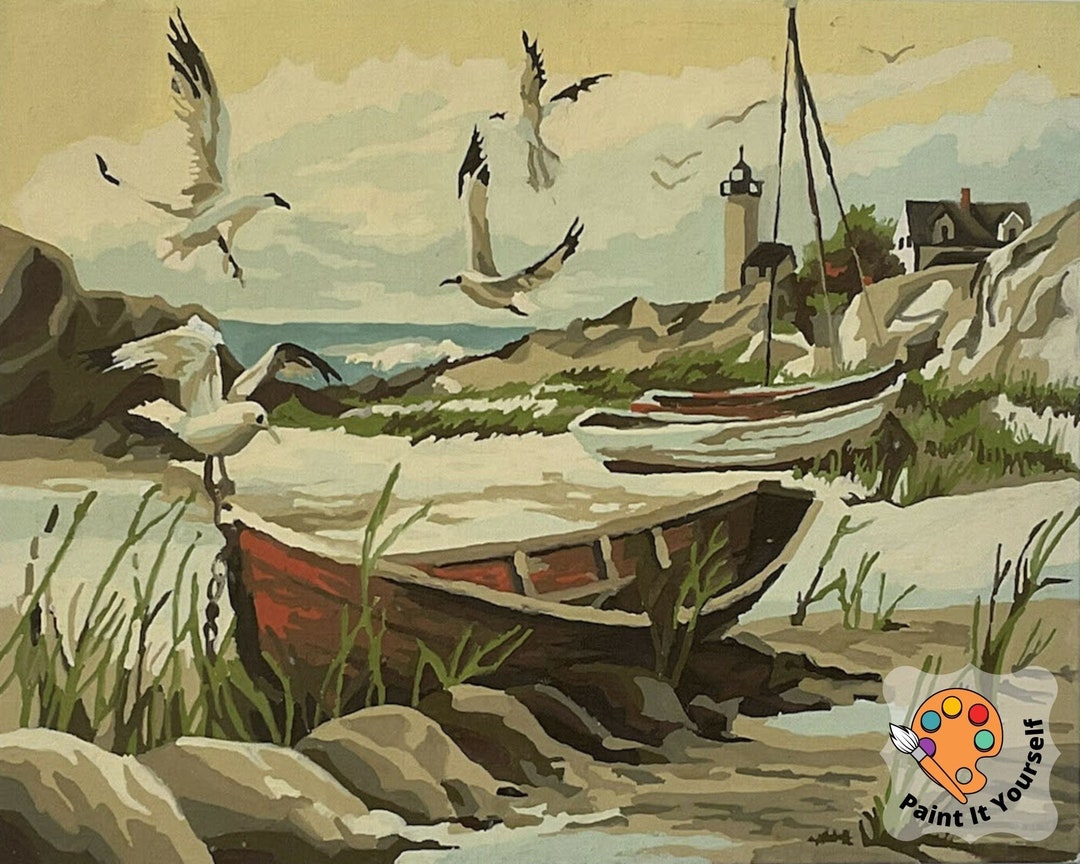 Vintage Style PAINT by NUMBER Kit for Adult , DIY Flying Seagulls