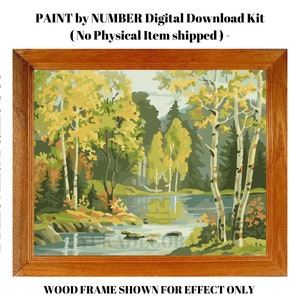 K&ouml;nnte beinhalten: Ein digitales Download-Kit f&uuml;r ein Malen-nach-Zahlen-Bild einer Waldszene mit einem See. Das Bild ist in einem braunen Holzrahmen gerahmt. Der Text "Print And Paint Set" befindet sich links und rechts vom Bild. Der Text "PAINT by NUMBER Digital Download Kit (No Physical Item shipped) -" befindet sich oben im Bild. Der Text "WOOD FRAME SHOWN FOR EFFECT ONLY" befindet sich unten im Bild.