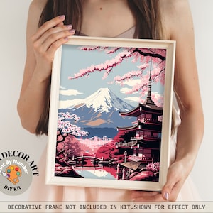Japan PAINT by NUMBER Kit for Adults  Beginner DIY Art Kit Pink Cherry Blossoms Mount Fuji Acrylic Painting Wall Art Decor