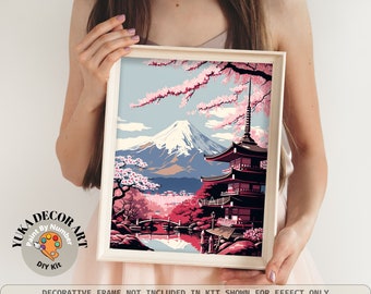 May include: Paint by numbers kit featuring a colorful illustration of Mount Fuji, a pagoda, and cherry blossoms. The kit includes a canvas, acrylic paints, and brushes. DIY kit.