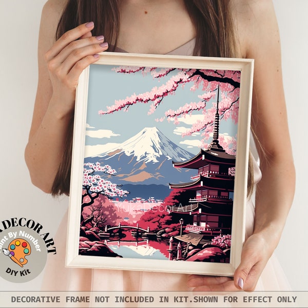 Japan PAINT by NUMBER Kit for Adults  Beginner DIY Art Kit Pink Cherry Blossoms Mount Fuji Acrylic Painting Wall Art Decor