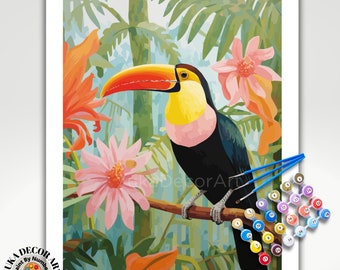 PAINT by NUMBERS Kit for Adults Watercolor Vintage style Art Colorful Toucan Bird Tropical Flowers Easy Beginners DIY Paint Kit Home Decor