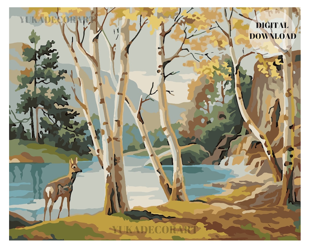 PBN DIGITAL DOWNLOAD Forest Deer Mountain Lake Vintage Style Art - ( No ...