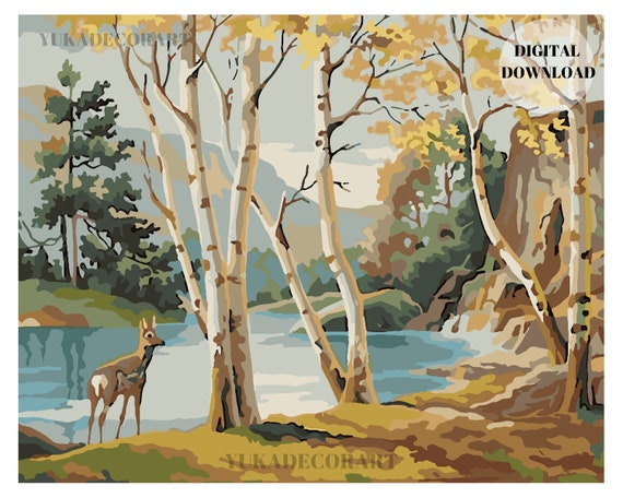 PBN DIGITAL DOWNLOAD Forest Deer Mountain Lake  Vintage Style Art - (  No Physical Item shipped ) - Print And Paint Set