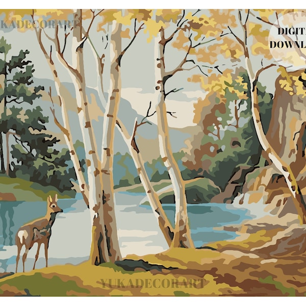 PBN DESCARGA DIGITAL Forest Deer Mountain Lake Vintage Style Art - ( No se envía ningún artículo físico ) - Conjunto de impresión y pintura