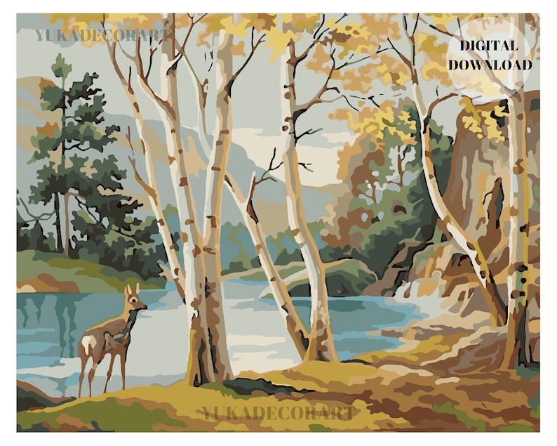 PBN DIGITAL DOWNLOAD Forest Deer Mountain Lake Vintage Style Art - ( No Physical Item shipped ) - Print And Paint Set image 1
