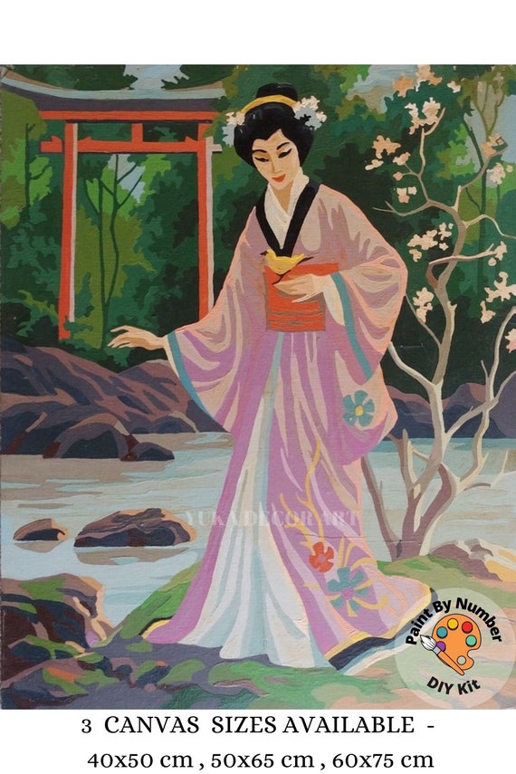 Japan Lady Vintage PAINT by NUMBER Adult , Japanese Pagoda Garden