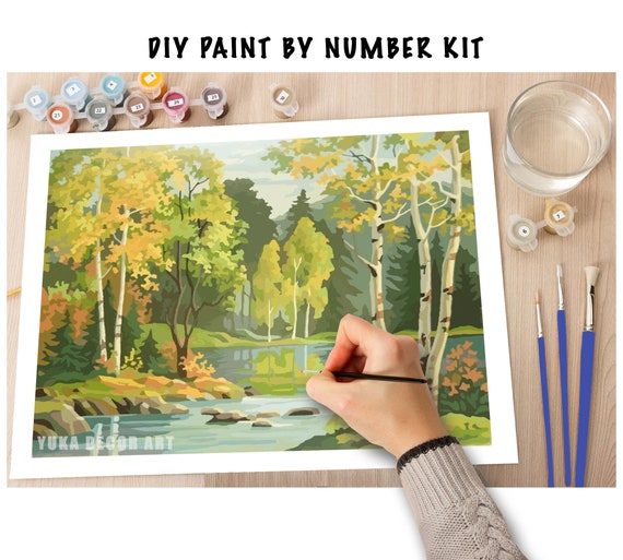 Vintage Style PAINT by NUMBER Kit Adult, Stream River Landscape , Mountain  National Park Easy Beginner Acrylic Painting DIY Kit , Home Decor 