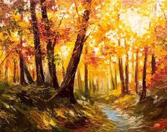 Kit de pintura por números com tema de natureza para adultos, paisagem de outono na floresta, pintura acrílica fácil para iniciantes, arte de parede, presente.
