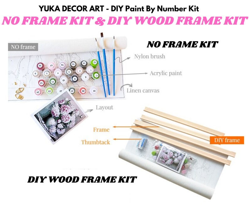 Peut inclure: Kit de peinture par num&eacute;ros DIY, avec le texte "YUKA DECOR ART". L'image pr&eacute;sente un "NO FRAME KIT" avec des pots de peinture, des pinceaux et une toile. Un "DIY WOOD FRAME KIT" est &eacute;galement montr&eacute;, avec des &eacute;l&eacute;ments de cadre en bois et une impression sur toile.