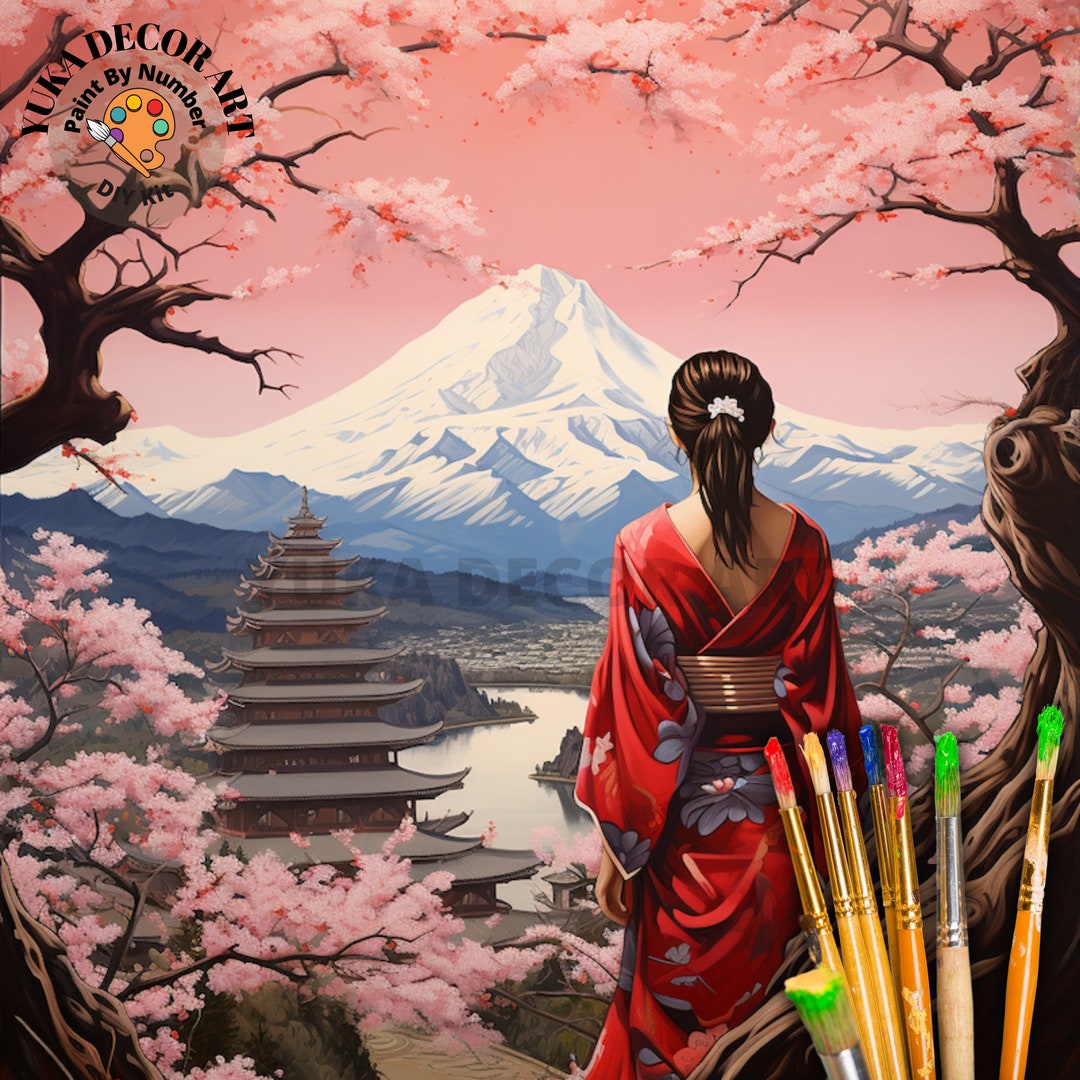 Japan PAINT by NUMBER Kit for Adults Beginner DIY Art Kit Pink Cherry ...