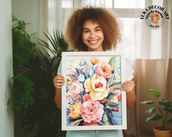 May include: A woman holds a framed paint by number kit featuring a colorful floral bouquet. The kit is titled "Yuka Decor Art" and includes the text "Paint by Number DIY Kit".