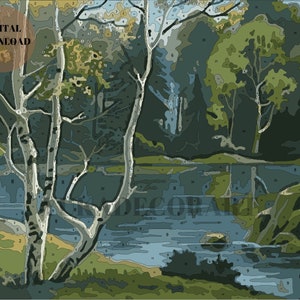 Blue Stream Forest - DIY Nature Vintage Style Art PAINT by NUMBER Digital Download Kit ( No Physical Item shipped ) - Print And Paint Set image 3