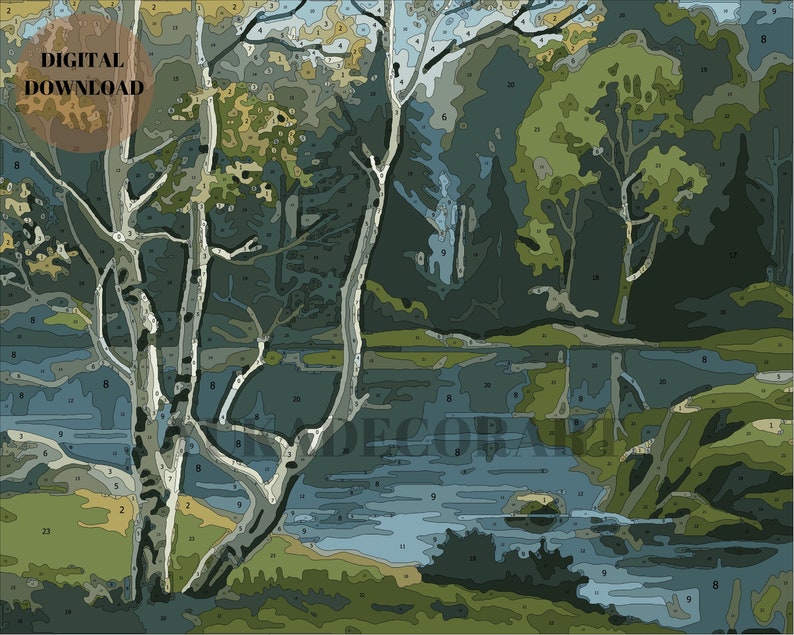 Blue Stream Forest - DIY Nature Vintage Style Art PAINT by NUMBER Digital Download Kit ( No Physical Item shipped ) - Print And Paint Set image 3