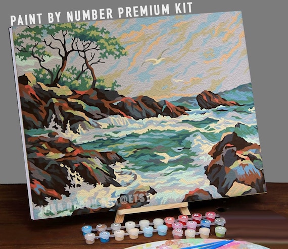 Vintage PAINT by NUMBER Kit for Adult , Easy Seascape Waves