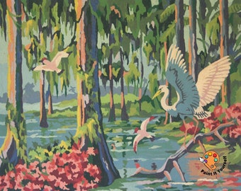 Flying Flamingoes Vintage Style PAINT by NUMBER Kit  Adult , Flower Lake DIY Paint Kit  , Easy  Acrylic Painting,Mid Century Decor Gift