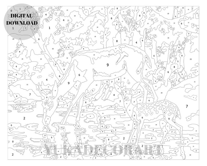 Deers In Forest - DIY Nature Vintage Style Art - PAINT by NUMBER Digital Download Kit ( No Physical Item shipped ) - Print And Paint Set image 2