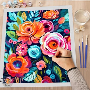 Flowers PAINT by NUMBER Kit for Adults  Roses Floral Painting Easy Beginners Acrylic Paint DIY Kit Wall Art Decor Gift Mom