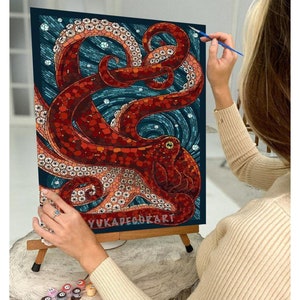 Paint by Numbers Kit for Adults & Kids Easy DIY Art , Red Octopus Abstract Art , Acrylic Oil Painting Set