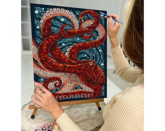Kit de peinture par numéros pour adultes et enfants Art facile à faire soi-même, art abstrait pieuvre rouge, ensemble de peinture à l&#39;huile acrylique