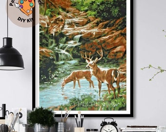 Deers in Forest PAINT by NUMBER Kit  Adult , Mountain Stream Vintage Style DIY Art , Easy Painting Hobby  Kit,Gift For Mom Grandmother