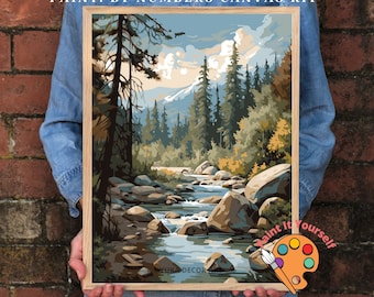 Kit de pintura por números estilo vintage para adultos, paisaje de río con arroyo, parque nacional de montaña, kit de pintura acrílica fácil para principiantes, decoración del hogar