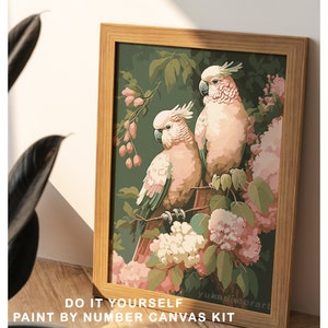 PAINT by NUMBER Pink White Cockatoos Premium DIY Paint Kit Adult Vintage Style Bird Art Easy Beginner Painting Decor Gift Mom Aunt Daughter