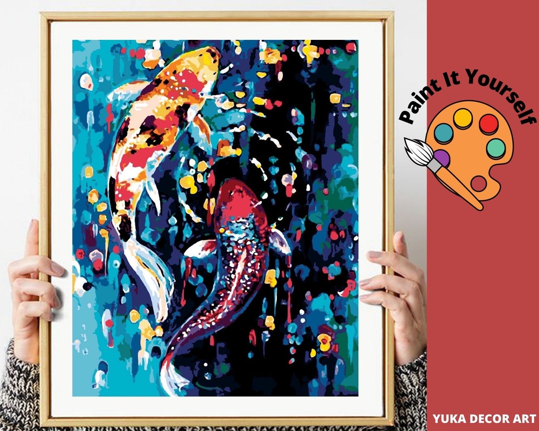 鯉の数字塗り絵キット（大人用）、湖のカラフルな魚、初心者向け簡単