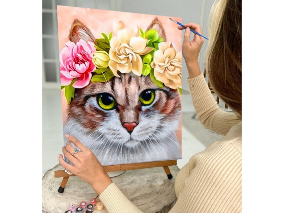 Paint by Numbers Kit for Kids Beginner,diy Art Kit, Cat With Flower Crown,  Kitten Pet Portrait , Adults Easy Acrylic Painting Decor Gift 