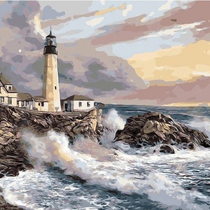 Paint by Numbers Kit for Adults Beginner, Seashore Lighthouse Waves Theme , Canvas Acrylic Oil Painting Kit- Home Decor DIY Art Kit