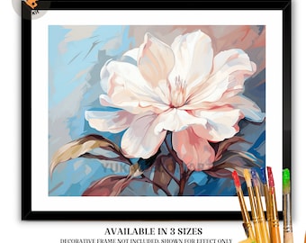 Puede incluir: Kit de pintura por números con una flor blanca con acentos rosados. El kit incluye pinceles y pinturas. "Do It Yourself Paint By Number Kit" y "Available in 3 Sizes" están escritos en la imagen. Marco decorativo no incluido.
