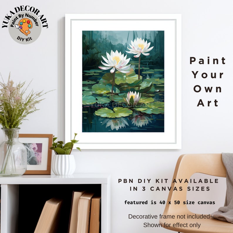 Floral PAINT by NUMBER Kit Adult white Lilies Lake Flowers DIY Painting ...