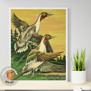 Beautiful Birds PAINT by NUMBER DIY Kit Adult Vintage Style , Mallard Birds Yellow Sunset  , Easy Beginner Acrylic Painting,Home Decor Gift