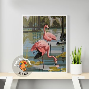 Vintage Style Pink Flamingo PAINT by NUMBER Kit for Adult , DIY Paint Kit Birds In Lake  , Easy Beginner Acrylic Painting,Home Decor Gift