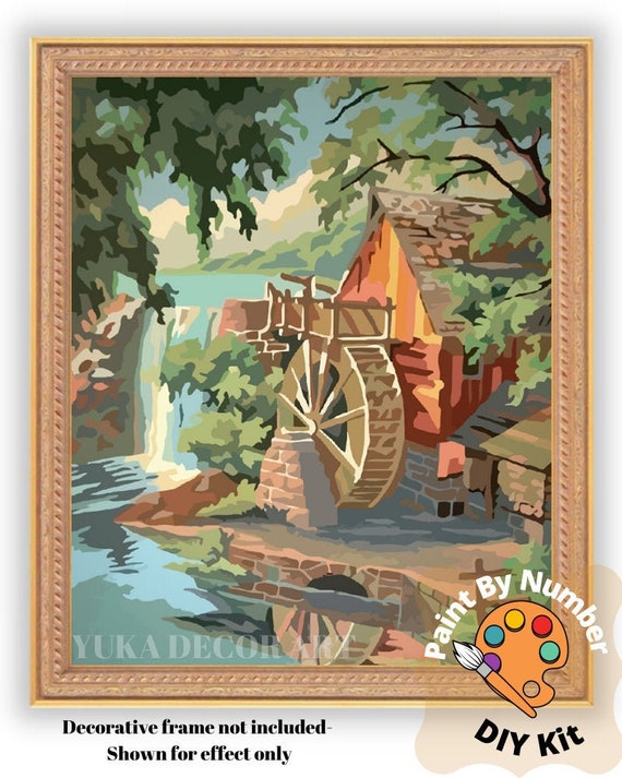 Vintage Style PAINT by NUMBER Kit Adult, Water Mill River Landscape Art ,  Easy Beginner Acrylic Painting DIY Kit,home Decor Gift 