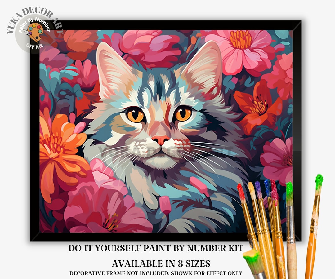 Cat PAINT by NUMBER Kit Adult DIY Art Pink Vibrant Floral Easy Beginner