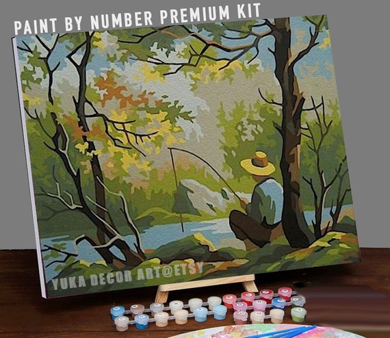 Vintage Style PAINT by NUMBER Kit Adult, Stream River Landscape , Mountain  National Park Easy Beginner Acrylic Painting DIY Kit , Home Decor 