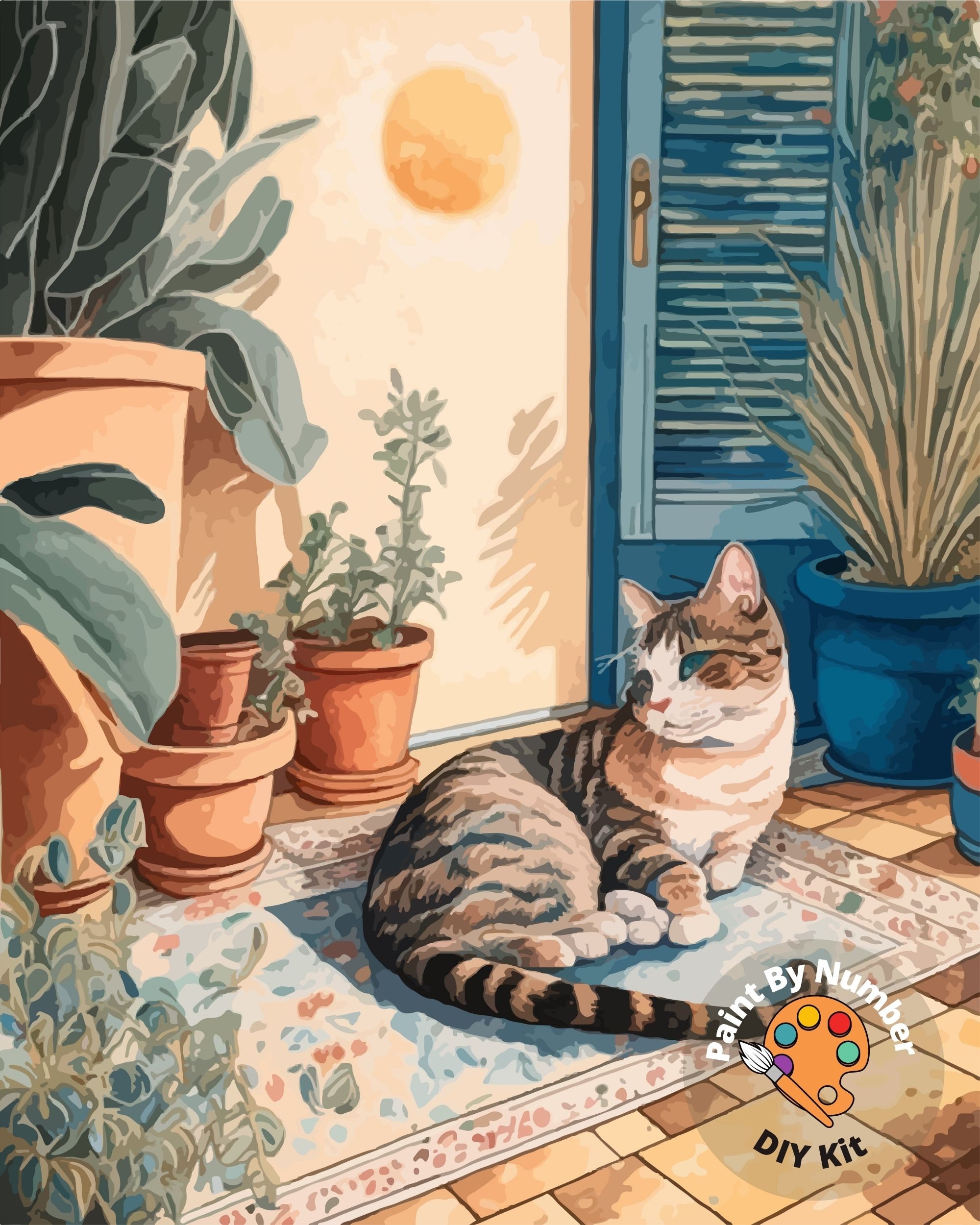 Modern PAINT by NUMBER Adult Kit , Cat on Carpet , Foliage Plants Blue ...