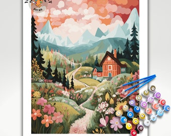 May include: Paint by number DIY kit featuring a colorful landscape with a red house, mountains, and flowers. The kit includes paints, brushes, and a canvas.