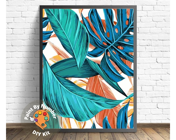 Tropical Leaves PAINT by NUMBER Kit Adults ,abstract Garden Plants Art ,easy  DIY Beginners Acrylic Paint Kit ,living Bedroom Wall Art Gift 