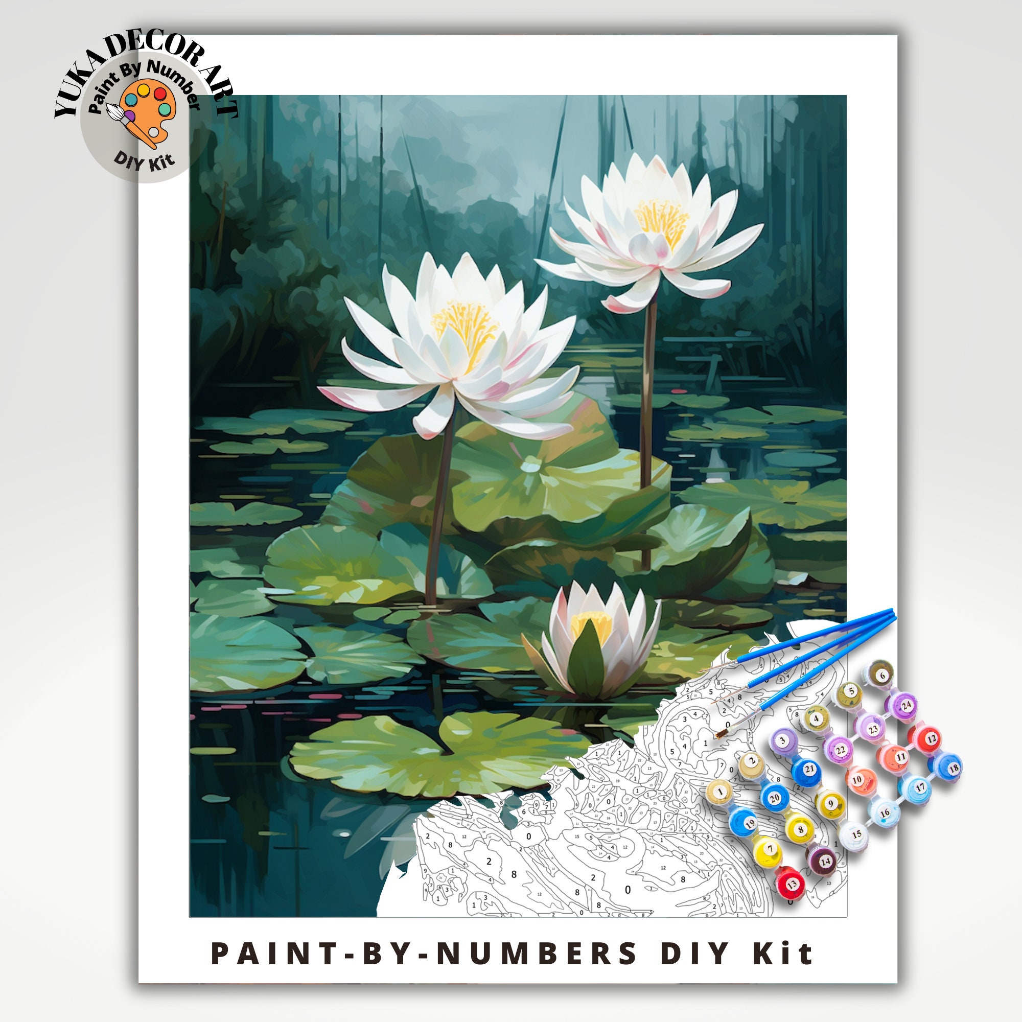 Floral PAINT by NUMBER Kit Adult white Lilies Lake Flowers DIY Painting ...