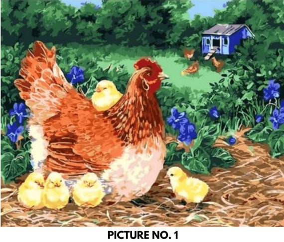 Country Style Rooster /& Hens Paint by Numbers Canvas Art Work DIY 40cm x 50cm