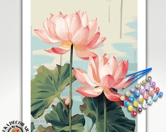 Pink Lilies PAINT by NUMBER Kit for Adults Flowers Lake Garden DIY Painting Floral Easy Beginners Paint Hobby Kit Wall Art