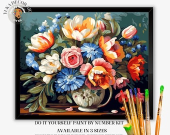 May include: A paint by numbers kit featuring a colorful still life of flowers in a vase. The flowers are red, orange, yellow, white, and blue. The vase is white with a floral pattern. The kit includes brushes and paints. "DO IT YOURSELF PAINT BY NUMBER KIT AVAILABLE IN 3 SIZES DECORATIVE FRAME NOT INCLUDED. SHOWN FOR EFFECT ONLY"