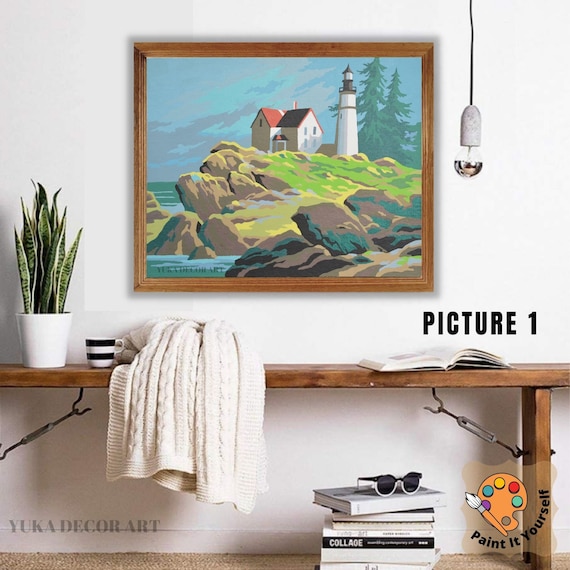 Vintage Style Paint by Numbers Kit for Adults Beginner, Lighthouse on Rocky  Seashore , Canvas Painting Kit Rustic Decor DIY Art Kit 