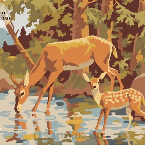 Deers In Forest - DIY Nature Vintage Style Art - PAINT by NUMBER Digital Download Kit ( No Physical Item shipped ) - Print And Paint Set image 1