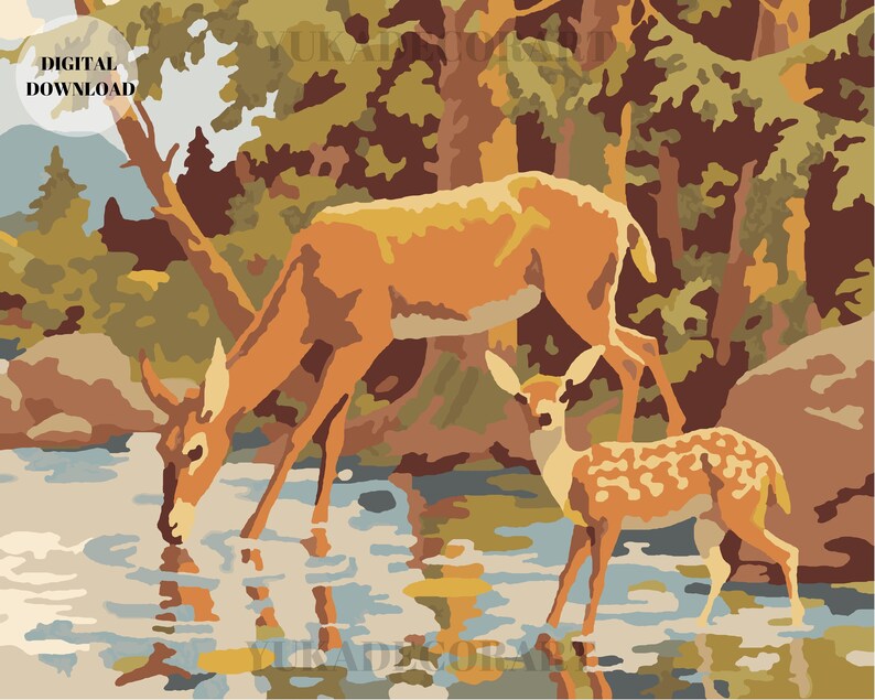 Deers In Forest - DIY Nature Vintage Style Art - PAINT by NUMBER Digital Download Kit ( No Physical Item shipped ) - Print And Paint Set image 1