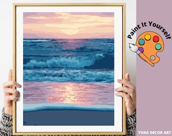 Sunrise PAINT by NUMBER Kit for Adults , Waves On Seashore ,Beach Easy DIY Beginners Acrylic Paint Kit , Bedroom Wall Art Decor Gift